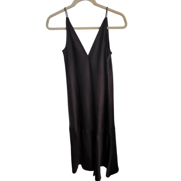 Madewell Satin Sleeveless Maxi Slip Dress V Neck Carob Brown Front Slit XS 2 - Picture 3 of 10